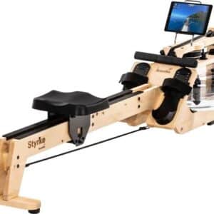 Skandika Styrke Premium Alpenden Roeitrainer - Roeitrainers - Roeiapparaat Fitness - Houten waterroeier & regelbare waterweerstand, waterroeiapparaat voor thuis, gebruiker 200 cm/180 kg - 211x54x68 cm (LxBxH) - Made in Germany – naturel/zwart