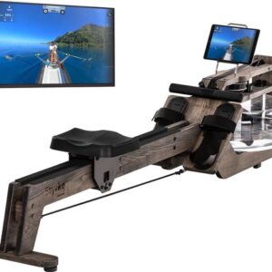 Skandika Styrke Waterroeitrainer – Roeitrainers – Roeiapparaat Fitness – Ontworpen en Gemaakt in Duitsland, roeier van hout, Kinomap app functie – Max. Gebruikersgewicht 180 kg – 211 x 54 x 68 cm (LxBxH) - Made in Germany - zwart hout/zwart