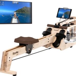 Skandika Styrke Roeitrainer - Roeitrainers - Roeiapparaat Fitness - Echt essenhouten waterroeier & regelbare waterweerstand, waterroeiapparaat voor thuis, gebruiker tot 200 cm/180 kg - 211 x 54 x 47 cm (LxBxH) - Made in Germany - arcticwit hout/bruin