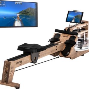 Skandika Styrke Roeitrainer - Roeitrainers - Roeiapparaat Fitness - Echt essenhouten waterroeier & regelbare waterweerstand, waterroeiapparaat voor thuis, gebruiker tot 200 cm/180 kg - 211 x 54 x 47 cm (LxBxH) - Made in Germany - caramel bruin/zwart