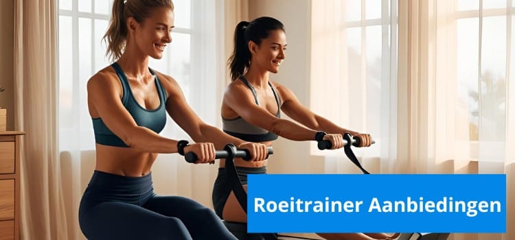 Deze foto laat twee vrouwen zien op een roeitrainer en een tekst met roeitrainer aanbiedingen