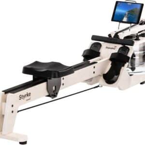 Skandika Styrke Premium Roeitrainer - Roeitrainers - Roeiapparaat Fitness - Echt essenhouten waterroeier & regelbare waterweerstand, waterroeiapparaat voor thuis, gebruiker 200 cm/180 kg - 211x54x68 cm (LxBxH) - Made in Germany – creme wit/zwart