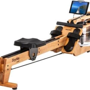Skandika Styrke Premium Kersenhout Roeitrainer - Roeitrainers - Roeiapparaat Fitness - Houten waterroeier & regelbare waterweerstand, waterroeiapparaat voor thuis, gebruiker 200 cm/180 kg - 211x54x68 cm (LxBxH) - Made in Germany – naturel/zwart