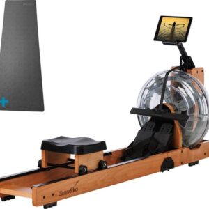 Skandika Lykke Water Roeimachine SET – Roeitrainers - Roeimachine (175l x 52b x 90h cm) + Mat (65 x 230 cm) – 90° Tank, Roeitrainer fitness thuis, instelbare waterweerstand, max. 150 kg Gebruikersgewicht – Kinomap App, Massief Beukenhout – licht hout