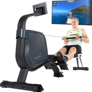 Skandika Njord Roeimachine – Roeitrainers - Roeimachine inklapbaar – Roeiapparaat – Roeimachine fitness met 16 stappen, opvouwbaar, 8 kg vliegwielsysteem, max. 180 kg, lange loopband, Kinomap, Bluetooth - Home fitness apparatuur - grijs