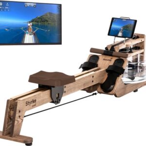 Skandika Styrke Roeitrainer - Roeitrainers - Roeiapparaat Fitness - Echt essenhouten waterroeier & regelbare waterweerstand, waterroeiapparaat voor thuis, gebruiker tot 200 cm/180 kg - 211 x 54 x 47 cm (LxBxH) - Made in Germany - caramel bruin/bruin