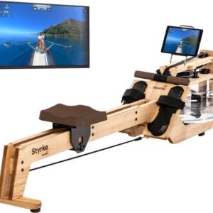 Skandika Styrke Roeitrainer - Roeitrainers - Roeiapparaat Fitness - Echt essenhouten waterroeier & regelbare waterweerstand, waterroeiapparaat voor thuis, gebruiker tot 200 cm/180 kg - 211 x 54 x 68 cm (LxBxH) - Made in Germany - klassiek hout/bruin