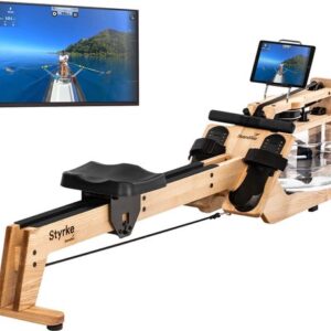 Skandika Styrke Roeitrainer - Roeitrainers - Roeiapparaat Fitness - Echt essenhouten waterroeier & regelbare waterweerstand, waterroeiapparaat voor thuis, gebruiker tot 200 cm/180 kg - 211 x 54 x 47 cm (LxBxH) - Made in Germany - klassiek hout/zwart