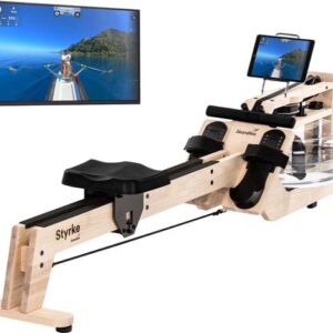 Skandika Styrke Roeitrainer - Roeitrainers - Roeiapparaat Fitness - Echt essenhouten waterroeier & regelbare waterweerstand, waterroeiapparaat voor thuis, gebruiker tot 200 cm/180 kg - 211 x 54 x 47 cm (LxBxH) - Made in Germany - arcticwit hout/zwart