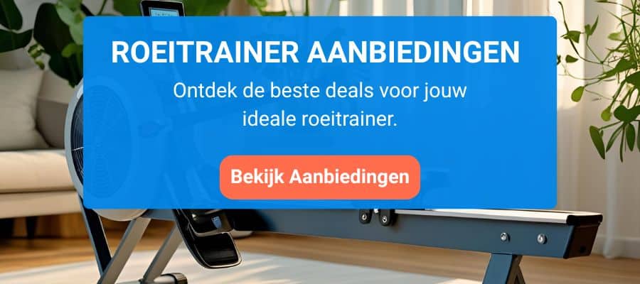 Op deze afbeelding is een roeitrainer in een woonkamer te zien, met een tekst over roeitrainer aanbiedingen en een knop met bekijk aanbiedingen.