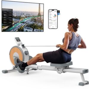 MERACH Roeimachine voor thuis - Stille magnetische roeimachine - Exclusieve app - 16 weerstandsniveaus - Verbeterde dubbele glijrails - Bluetooth-display & tablet-houder - Verticale opslag - Gemakkelijk te monteren - Belastbaar tot 158 kg