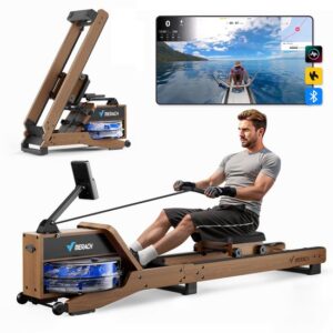 MERACH Roeimachine voor thuis van rode eikenhout - Waterroeimachine - Inklapbaar ontwerp - Bluetooth-display - Compatibel met Kinomap - Verstelbare telefoonhouder & ergonomisch zitje - Eenvoudige montage - Verticale opslag - Belastbaar tot 158 kg