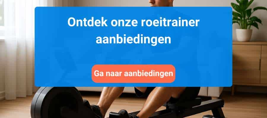 Op deze afbeelding is een tekst te zien die bezoekers naar aanbiedingen stuurt. In de achtergrond is een man in een woonkamer te zien op een roeitrainer