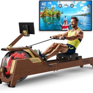 MettleMatic Roeitoestel voor thuis, van eikenhout, 90° watertank, verhoogde rail en tablethouder, compatibel met app, waterroeitoestel, max. 182 kg belastbaar