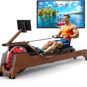 MettleMatic Roeitoestel voor thuis, van massief eiken, waterweerstand, 90° helling, watertank, bluetooth-monitor, 180kg draagver