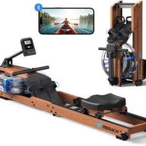 MERACH Roeitrainer waterweerstand - inklapbaar - Roeimachine van massief hout - Houten constructie - Dual-slide-rail - Kinomap-compatibel - Exclusieve Bluetooth app - Interactieve kaarten - Tabletstandaard - Eenvoudige montage - Belastbaar tot 180 kg