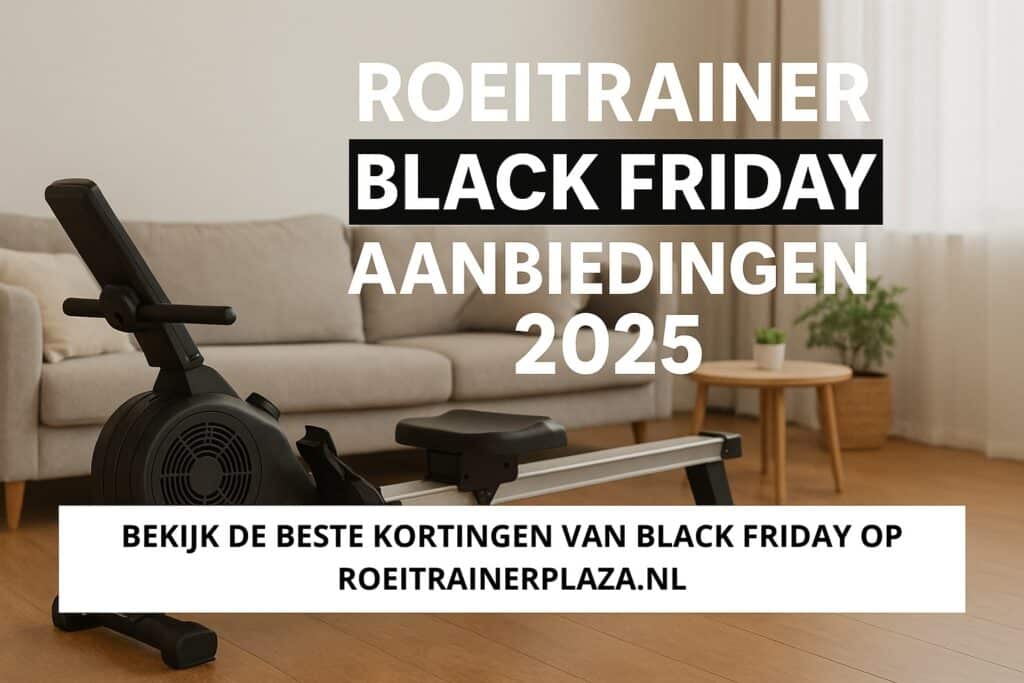 Op de afbeelding is een woonkamer te zien met daarin een roeitrainer en een tekst over black friday roeitrainer aanbiedingen 2025