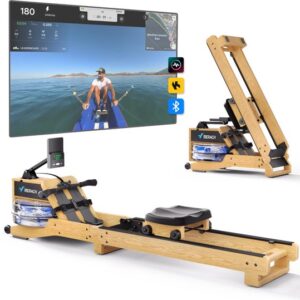 MERACH Waterroeitrainer voor thuis van hout - Roeimachine met Bluetooth - Eikenhouten waterroeimachine met LCD-gegevensweergave - Verstelbare tablet-houder & ergonomisch zitje - Compatibel met Kinomap - Belastbaar tot 158 kg