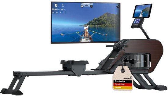 Skandika Roeiapparaat Nemo III Hybrid - Water- en magneetweerstand, 32 elektronische weerstandsniveaus, 15 programma’s, tot 200 cm, app-compatibel | Waterroeier, fitnessapparaat voor thuis (Hout)