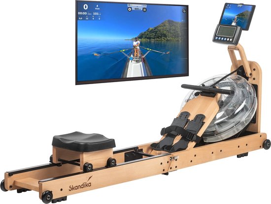 Skandika waterroeimachine Nytta - 45° tank, houten roeimachine voor thuis, opklapbaar, Kinomap app compatibel, Europees beukenhout | Houten roeimachine met waterweerstand