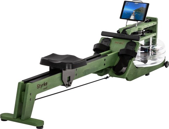 Skandika waterroeier Styrke Premium - Made in Germany, roeimachine water van hout, Kinomap app-functie, roeitrainer voor thuis, essen uit Duitsland, rood gekleurd geolied, tot 180 kg