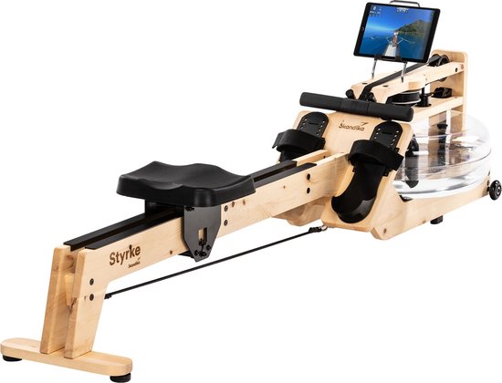 Skandika waterroeier Styrke Premium - Made in Germany, alpenden uit Oostenrijk, roeimachine water van hout, Kinomap app-functie, roeitrainer voor thuis, tot 180 kg