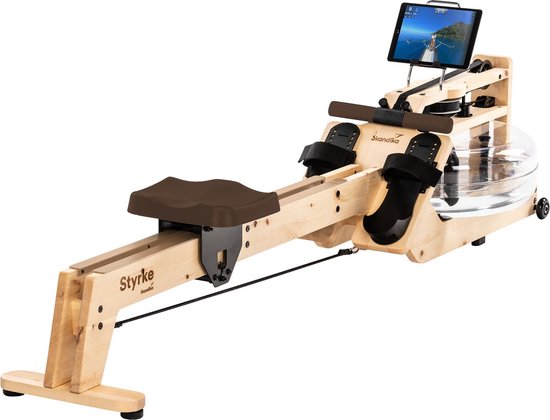 Skandika waterroeier Styrke Premium - Made in Germany, alpenden uit Oostenrijk, roeimachine water van hout, Kinomap app-functie, roeitrainer voor thuis, tot 180 kg