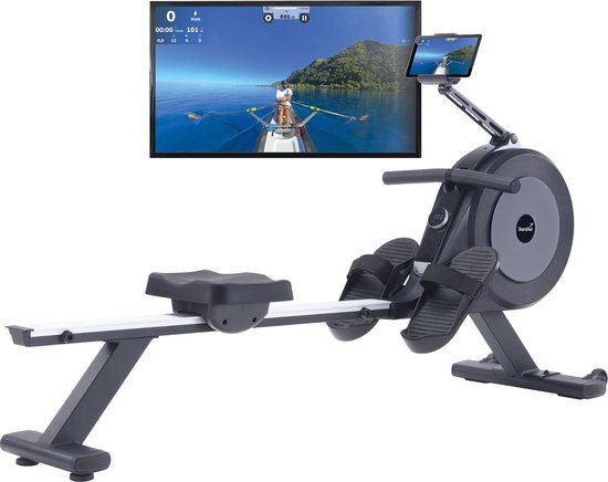 Skandika zelfgenererende roeitrainer met generator Njord P6-G - 32 elektrische weerstandsniveaus, tot 200 cm en 135 kg, compatibel met Kinomap-app, voor thuis | Fitnessapparaat voor krachttraining