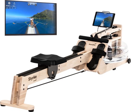 Skandika waterroeitrainer Styrke Premium - Made in Germany, roeitrainer met waterweerstand van hout, Kinomap app-functie, roeimachine voor thuis, massief essenhout uit Duitsland, natuurlijk roeien, tot 180 kg