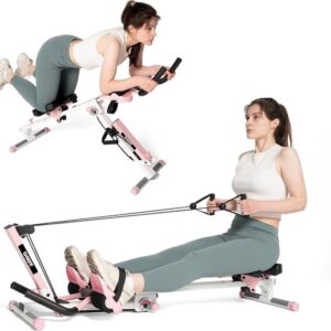 3-In-1 Roeitrainer – Roeimachine – Home Gym Apparatuur – Fitness Trainer – Abdominal Trainer – Verstelbare Weerstand – Inklapbaar & LCD-Display – Roze