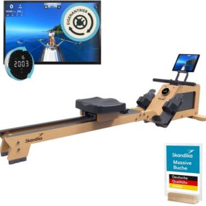 Skandika roeimachine voor thuis Torin P6-G - Roeitrainer krachttraining, met eigen aandrijving, frame van echt hout, magneetrem met 32 niveaus, Bluetooth & Kinomap app compatibel, opbergfunctie, tot 150 kg