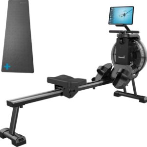 Skandika Mora Water Roeimachine SET – Roeitrainers - Roeimachine (172l x 45b x 54h cm) + Mat (65 x 230 cm) – Fitness voor thuis, waterweerstand – Kinomap App Compatible, Bluetooth, Computer, Tablet Houder – Ruimtebesparende Roeimachines – zwart