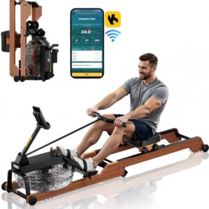 Roeimachine - Houten Waterroeitrainer - Opvouwbaar - 6-Traps Stille Weerstand - 14 L Watertank - LCD-scherm - Bluetooth App - Draagvermogen 158 kg
