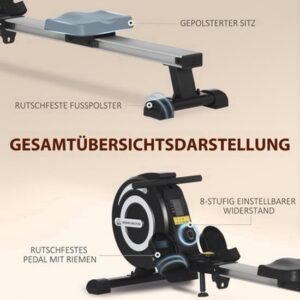 Roeitrainer – Roeimachine – Fitnessapparaat – Indoor Rower – Sportmachine – Zwart/Zilver – Klapbaar Design – 8 Weerstandsniveaus
