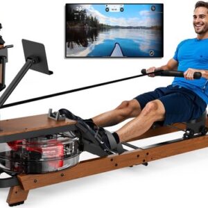 MettleMatic Roeitoestel voor thuis, van massief eiken, waterweerstand, watertank, bluetooth-monitor, 180kg draagver