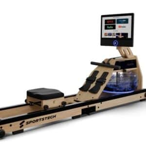 Sportstech AquaElite_OAK roeitrainer met water voor thuis, inklapbaar, LED-watertank, 21,5“ display met app, 360° draaibaar