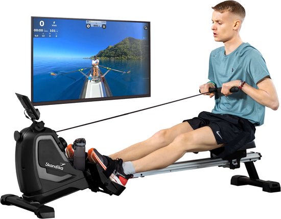 Skandika Venn Roeimachine – Roeitrainers - Home roeiapparaat fitness - Tablet houder, roeier met multifunctionele computer, 8 weerstandsniveaus instelbaar, onderhoudsarm - Fitnessapparaten - grijs