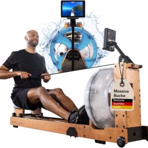 Skandika Lykke Water Roeimachine – Water Roeimachine – Roeiapparaat – 90° Tank – Houten Roeitrainer fitness voor thuis, met instelbare waterweerstand – Roeier met max. 150 kg Gebruikersgewicht – Kinomap App Compatible, Massief Beukenhout – licht hout
