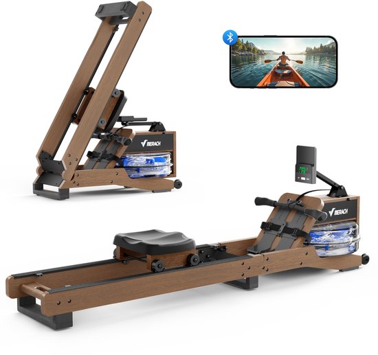 MERACH Roeitrainer voor thuis van rode eikenhout - Waterroeimachine - Inklapbaar ontwerp - Bluetooth-display - Compatibel met Kinomap - Verstelbare telefoonhouder & ergonomisch zitje - Eenvoudige montage - Verticale opslag - Belastbaar tot 158 kg