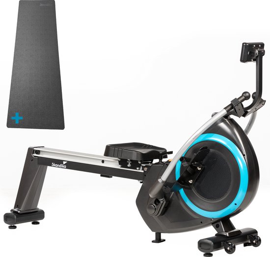 Skandika Nordlys Roeimachine SET – Roeimachine - Roeiapparaat (170 x 49 x 120 cm) + Mat (65 x 230 cm) - Inklapbaar, magneetrem, tablethouder, 16 niveaus, 21 programma's, trainingscomputer – Home fitness apparatuur – zwart blauw
