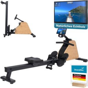 Skandika roeimachine voor thuis, inklapbaar Treliv P6 - Roeitrainer krachttraining, frame van ijzer met echt hout, magneetrem, 16 standen, 20 programma’s, Bluetooth & compatibel met Kinomap app, tot 120 kg