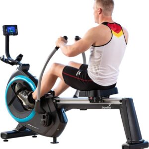 Skandika Nordlys Roeimachine – Roeimachine - Roeiapparaat voor een echt roeigevoel, kogelgelagerde zwenkarmen, inklapbaar, magneetrem, tablethouder, 16 niveaus, 21 programma's, trainingscomputer – Home fitness apparatuur – zwart blauw