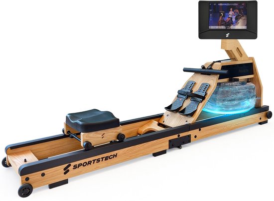 Sportstech AquaElite_OAK_V2_10 roeitrainer met water voor thuis, inklapbaar, LED-watertank, 10“ display met app, 360° draaibaar