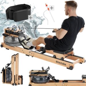 tectake® Houten Roeimachine - Opvouwbare Roeitrainer met 6 Weerstand Standen - Home Gym - Workout Roeiapparaat - Met Trainingscomputer en Borstband - Bluetooth en Kinomap-app compatibel - Draagkracht tot 150kg