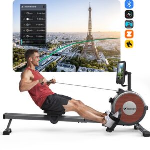 MERACH Smart Roeitrainer met 15.6" HD Scherm - Magnetische Roeifietser met 16 Weerstanden - Stil Dubbel Railsysteem - Max 158 kg - Bluetooth App