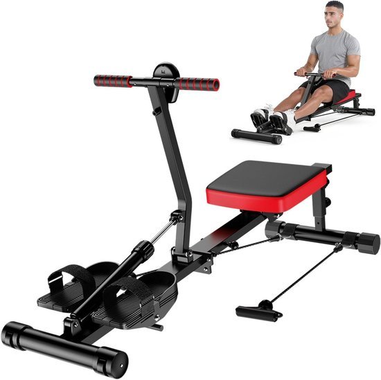 Roeitrainer - Fitnessapparaat - Full Body Training - 12 Weerstandsniveaus - 180 kg Capaciteit - Zwart-Rood